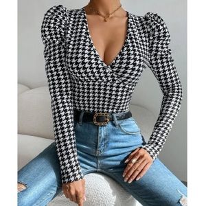 Boho houndstooth print puff sleeve blouse